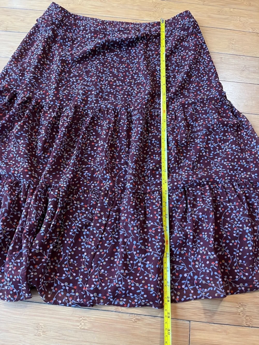Boden Burgundy Midi Skirt with Light Blue Floral Vine Print SZ 10